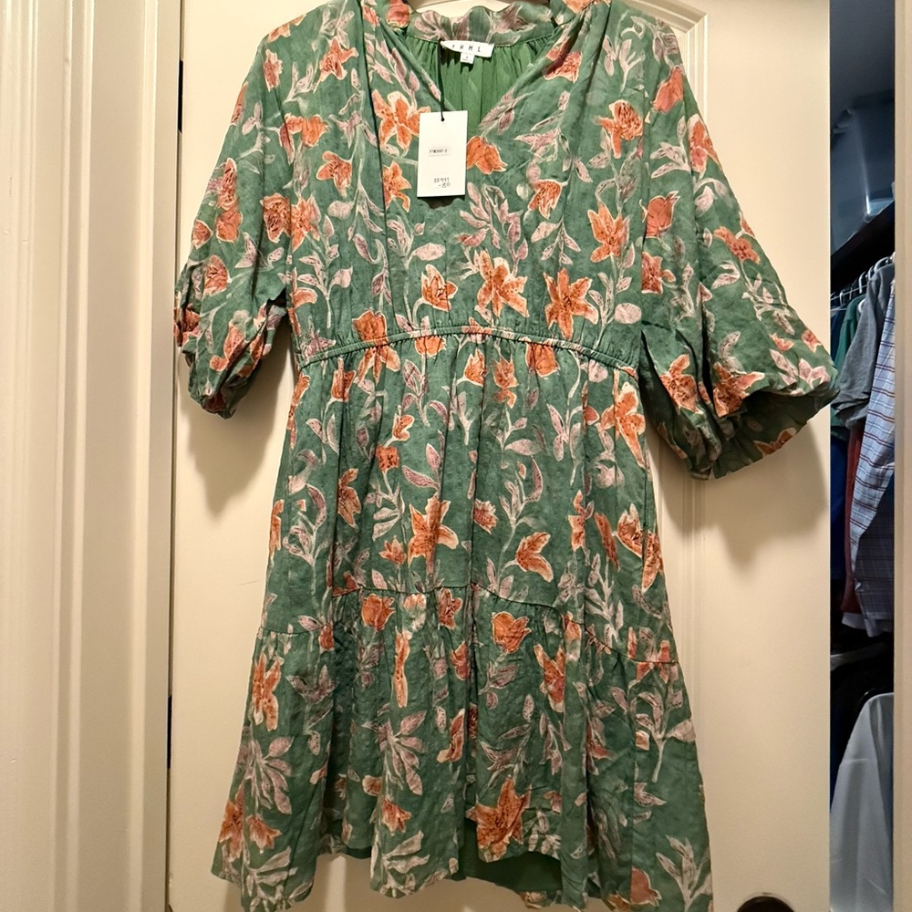 Floral Green and Orange Tiered Dress